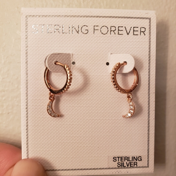 Sterling Forever Rose Gold 14k Vermeil CZ Crescent Micro Hoops - Picture 4 of 4